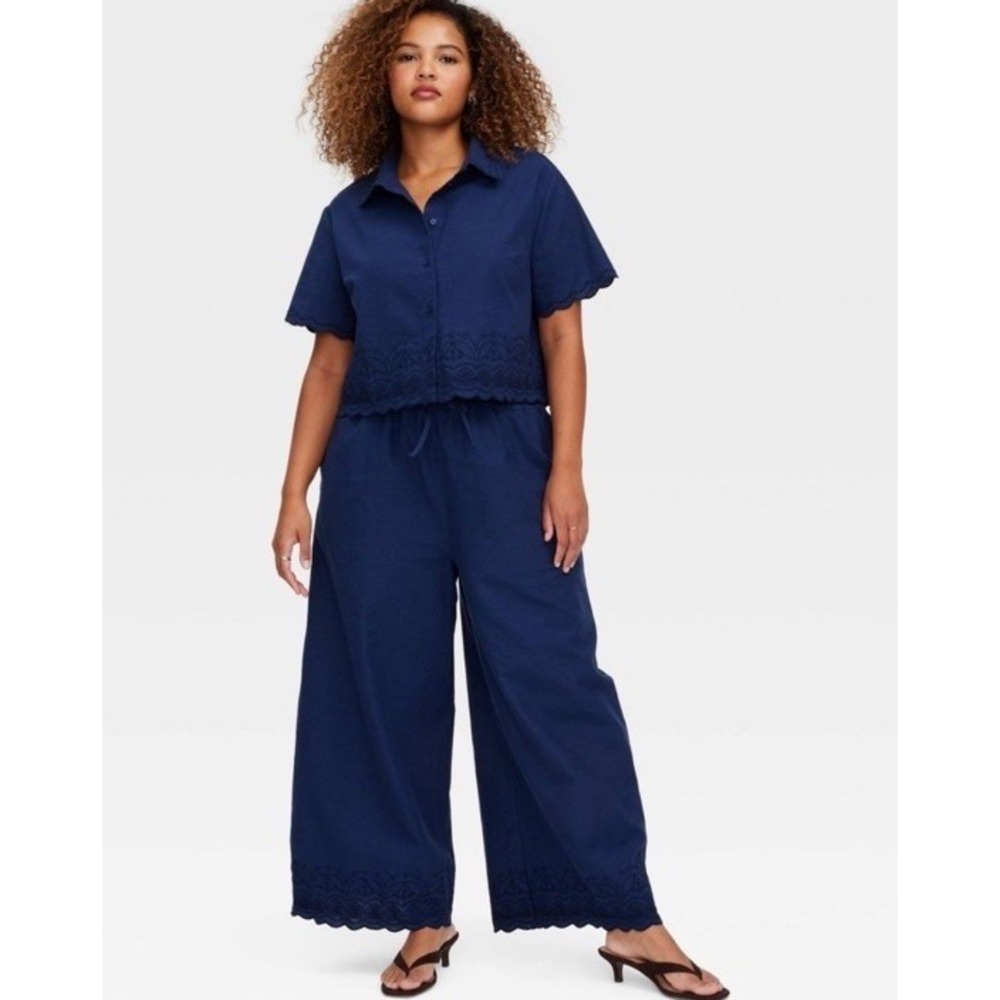 Women's Large Short Sleeve Scalloped Hem Shirt & Pants Set Navy  - Roller Rabbit